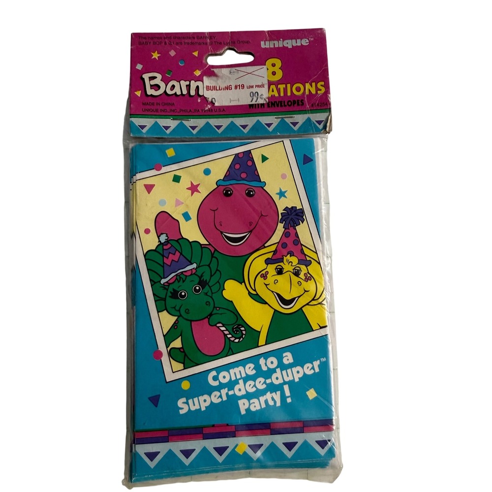 Vintage 90s Barney & Baby Bop BJ 8 Birthday Party Invitations 1995 NEW Cards